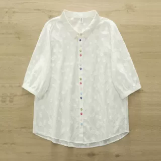 韩版设计感盘花刺绣彩扣中袖衬衫 女夏季新款全棉休闲开衫上衣