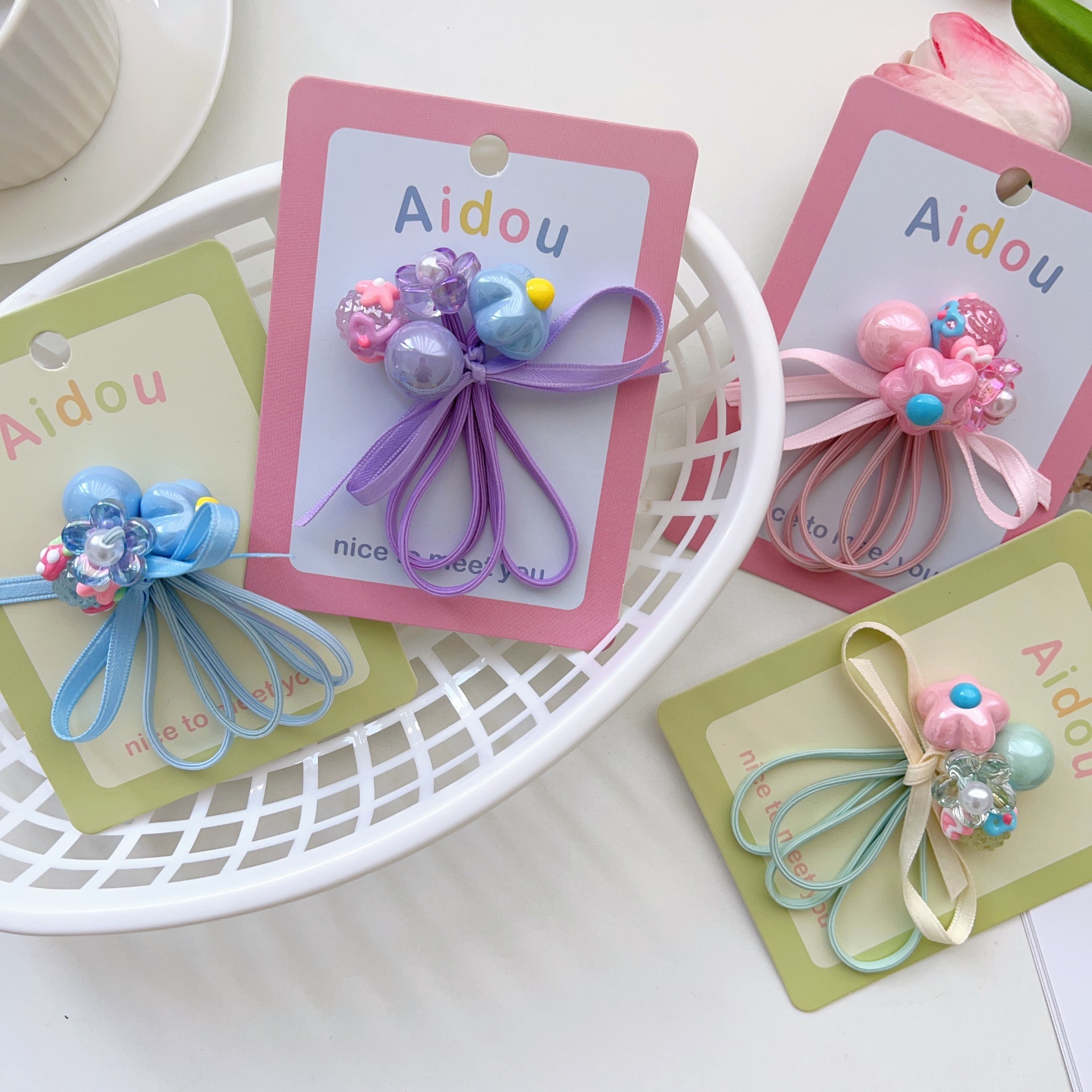 Hair tie flower bouquet hair accessories for children, non-damaging elastic bands with sweet flower hair clips, set for girls