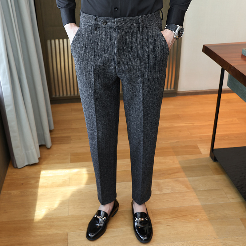 メンズダークストライプ保温スーツパンツ、スリムストレート、ドレープ感、カジュアルで万能、冬用ウール素材、高級ビジネスパンツ