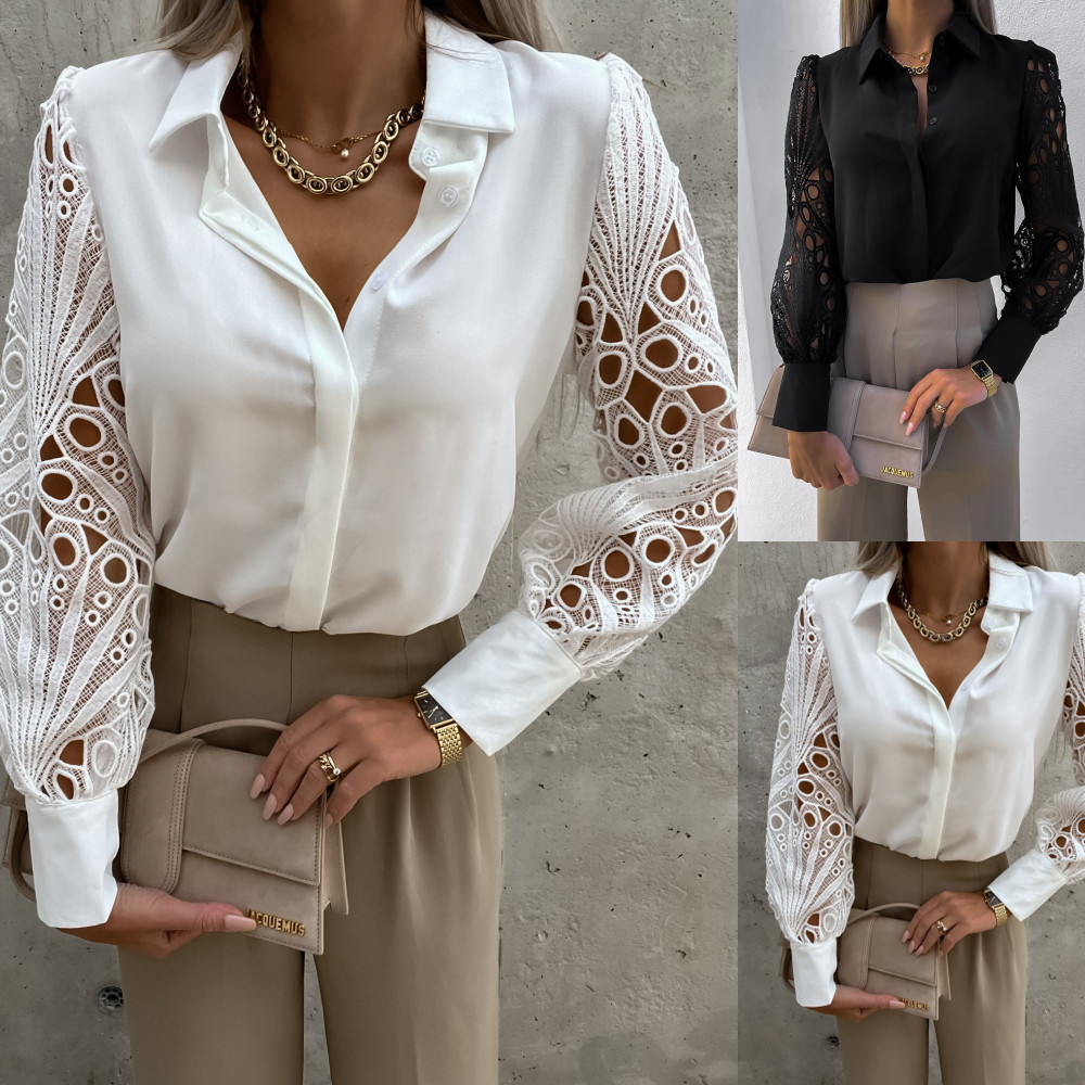 2022 Amazon europeo y americano transfronterizo primavera y verano nueva venta caliente camisa de costura de encaje de color sólido para mujer camisa de mujer