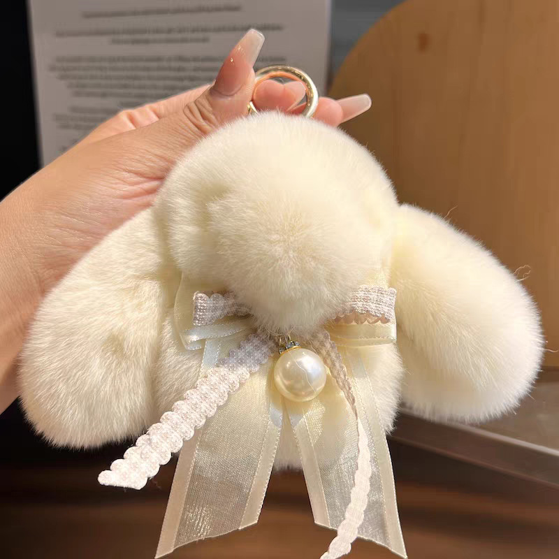 Cute conejo real peludo arco perla pequeño conejo llavero de coche colgante muñeca de peluche bolsas colgante