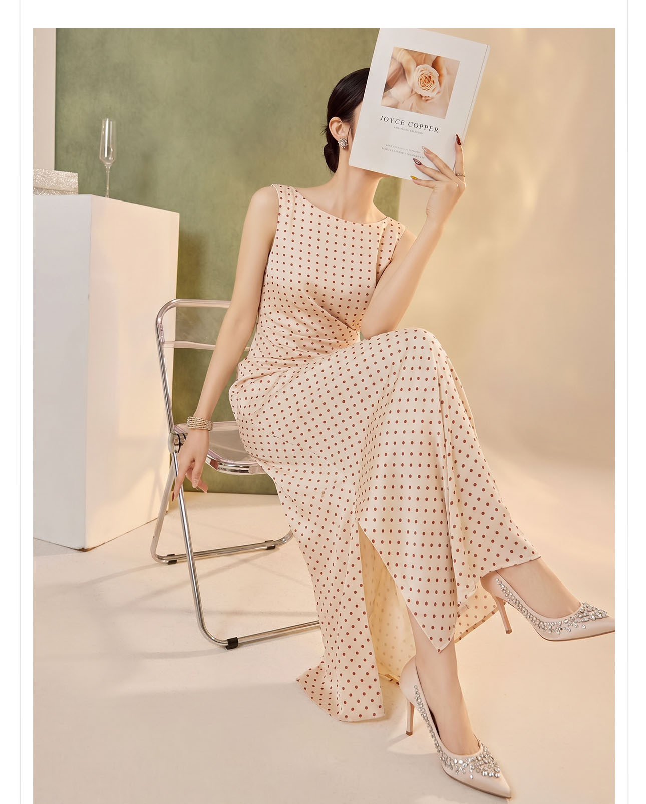 Đầm dài ôm body chấm bi không tay phong cách Trung Quốc mới — Điểm sóng chi tiết 2