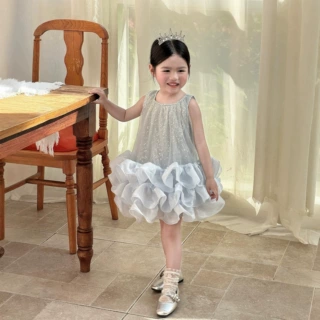女童夏季梦幻仙女蓝色亮片蓬蓬背心裙生日礼服公主裙花童蛋糕纱摆