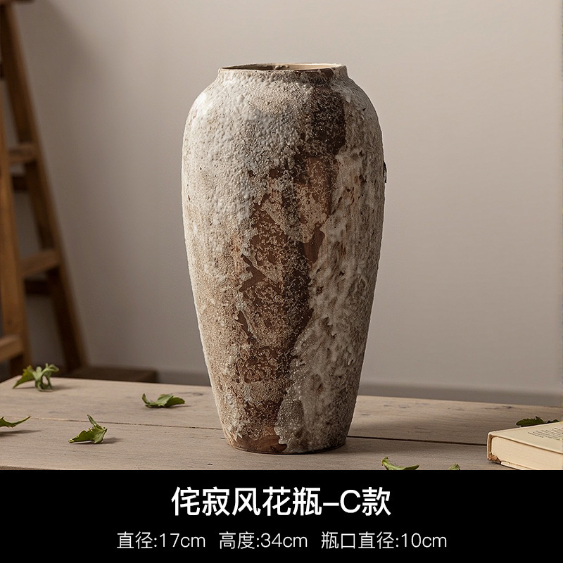 レトロな新しい中国風の陶器の壺、わびさびスタイルの古い装飾品、玄関テレビキャビネット、フラワーアレンジメント、水耕栽培のセラミック花瓶|undefined