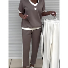 跨境欧美2025秋季新款时尚V领短袖上衣拼色长裤运动套装女