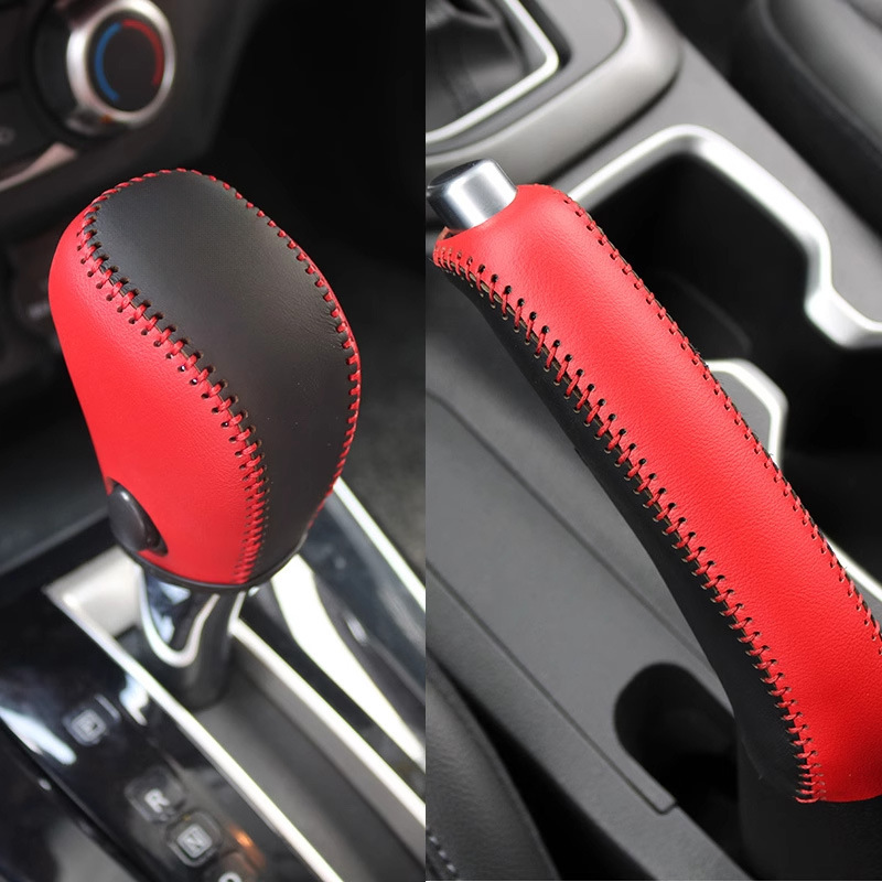 Leather car gear shift knob cover, hand-stitched, for Nissan 2012 New Sylphy, Qida, and Teana models. Also includes a handbrake cover and a gear shift cover
