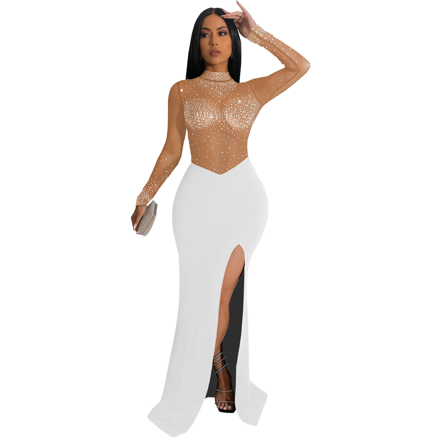 C7330 Cross-border AliExpress Amazon Ropa de mujer de moda europea y americana Vestido de malla transparente sexy con diamantes calientes image 8