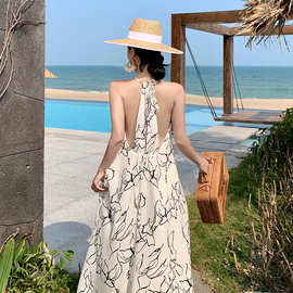 黑白印花飘逸海边度假风挂脖露背长裙连衣裙仙女图片色修身型
