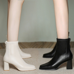 Black Chelsea Thick Heel Middle Heel High Heel Ankle Boots Women's 2025 Autumn and Winter New High-end Soft Leather fleece-lined Thin Boots