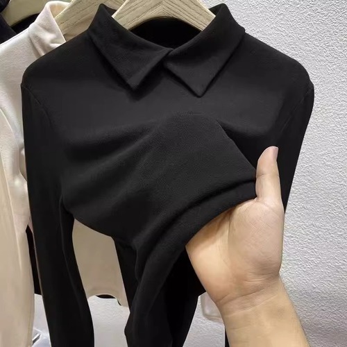 Stylish Youthful Slimming Black Fleece Long-Sleeve Base Shirt for Autumn/Winter Versatile Innerwear Slim Fit Polo Collar Women