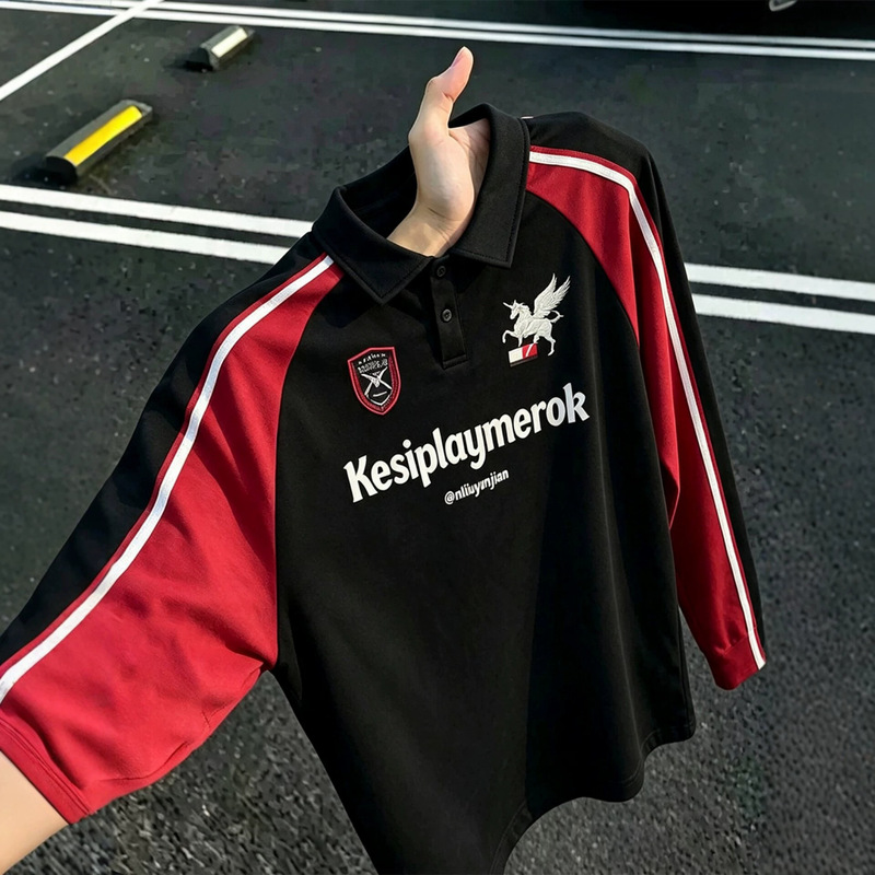 American retro sports raglan sleeve Polo sweatshirt for men, autumn trendy color-blocking long-sleeve t-shirt base shirt American retro sports raglan sleeve Polo sweatshirt for men, autumn trendy color-blocking long-sleeve t-shirt base shirt