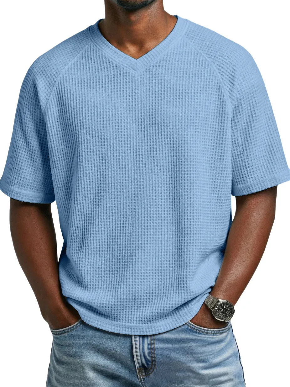 2026 Europa y América primavera y verano estación independiente transfronteriza hombre moda waffle de punto mangas de hombro de cuello en V camiseta de hombre de mangas cortas