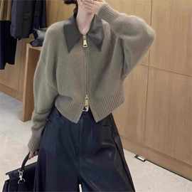 韩系高级感皮POLO领拼接针织开衫双头拉设计感链慵懒风外套上衣女