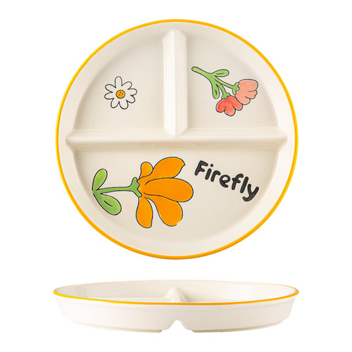 Divided fat-reduced dinner plate for one person, household breakfast tableware, children's ceramic Nordic quantitative plate, three-part plate