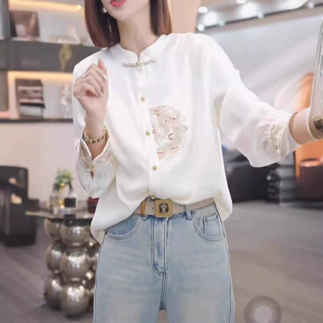 Женская рубашка Longfeng Chengxiang с пряжкой в китайском стиле, новинка весны 2020, шикарная рубашка с вышитым воротником-стойкой и вышивкой