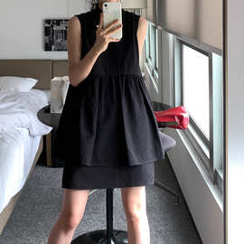 锦倩  肌理感假两件小黑裙 优雅中式黑色连衣裙立领无袖A字裙高腰