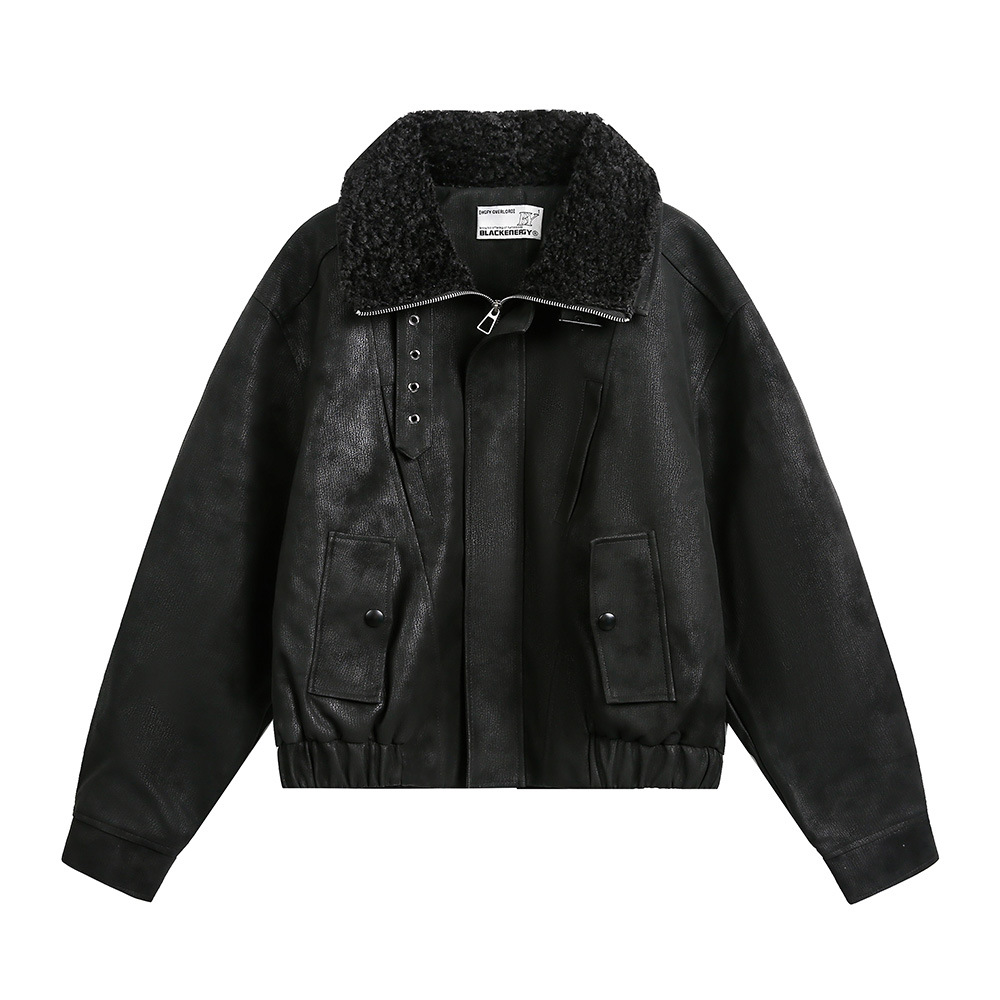 毛领pu皮衣外套男士秋款宽松机车夹克纯色设计感褶皱长袖开衫上衣