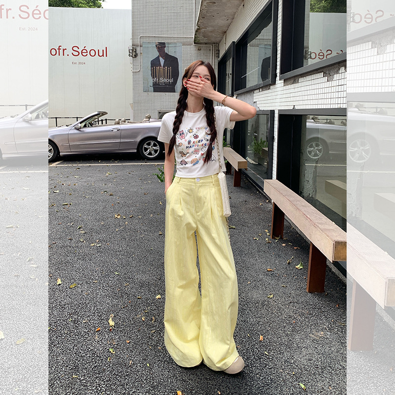 宋正恩白色垂感阔腿裤女夏季小个子高腰显瘦休闲裤拖地宽松白裤子|undefined