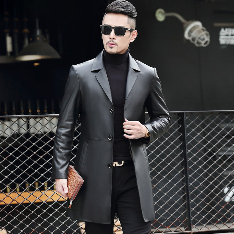 Autumn Genuine Leather Men's Trench Coat, Haining Sheepskin Mid-Length Leather Jacket with a Suit Collar, Youthful and Trendy Autumn Genuine Leather Men's Trench Coat, Haining Sheepskin Mid-Length Leather Jacket with a Suit Collar, Youthful and Trendy