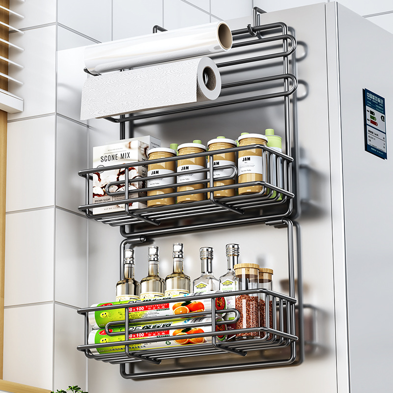 Kitchen multi-functional wall-mounted side shelf and storage rack for refrigerator, side storage shelf for preserving film and condiment bottles