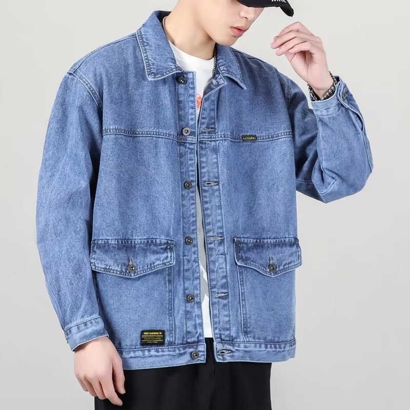 Primavera y otoño gran bolsillo Denim abrigo marca de moda de los hombres Suelta todo partido moda guapo chaqueta superior mapache