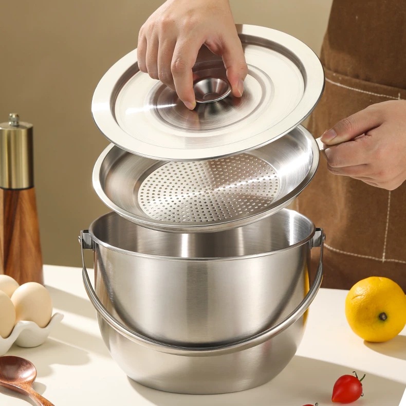 Olla de acero inoxidable 304 cuidadosamente seleccionada para uso doméstico, recipiente para guardar manteca, olla para sopa, olla con filtro de residuos de aceite, recipiente para aceite, recipiente para manteca.