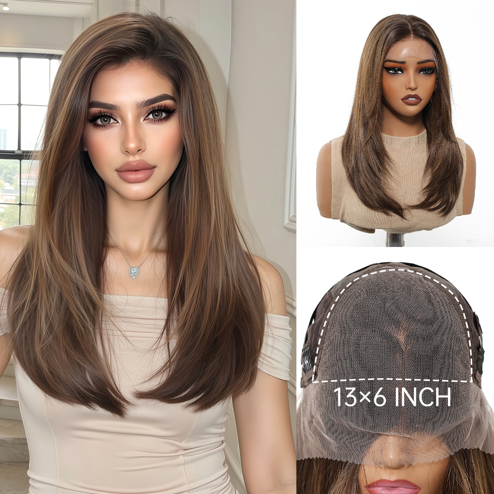13 * 6 gran área de gradiente dorado pelucas de encaje femenina libre cosida cabello suave suave fibra química pelucas de encaje image 12