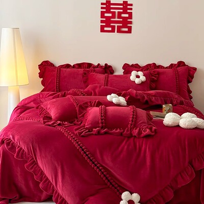 冬季结婚牛奶绒床上用品四件套加厚保暖法莱床单被套婚庆陪嫁红色