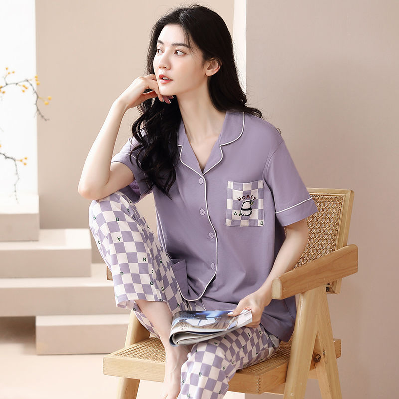 Pijamas de mujer primavera y verano 2023 nuevo 100% algodón cardigan pantalones de manga corta casual traje de desgaste para el hogar