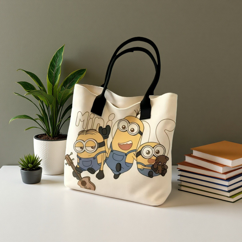 Cross-Border Cute Cartoon Minion Canvas Bag, Large Capacity Student Shoulder Bag, Shopping Tote Bag, Portable