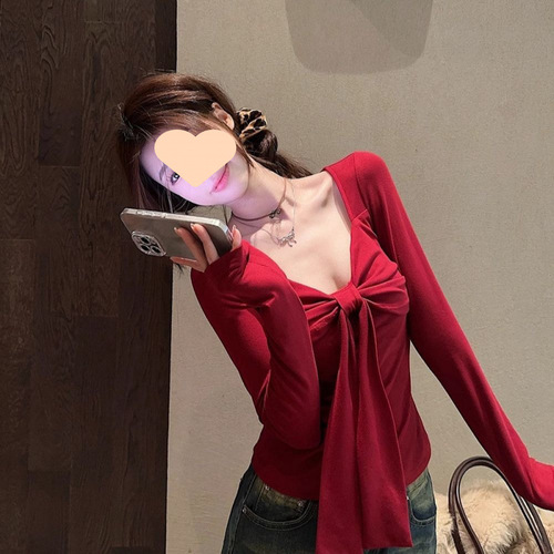 Sweet and Spicy Girl Style Niche Butterfly Bow Collar Red Women's Spring Fitted Slimming Short Sleeve Long Sleeve Base Top
