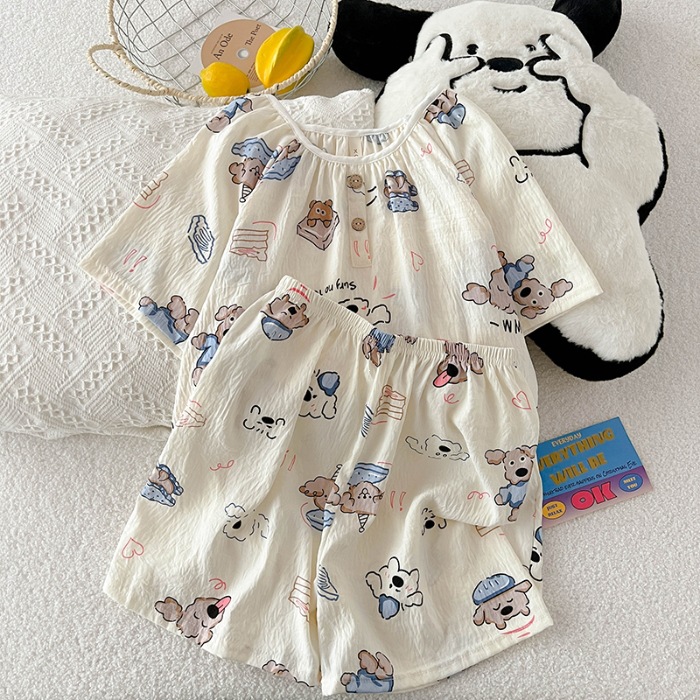 Primavera y verano nubes de algodón pijamas de mangas cortas de cuello redondo encantador dibujos animados de niña en ropa de casa dos piezas de pijamas