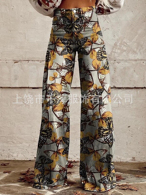 跨境欧美独立站爆款数码印花假牛仔女士阔腿裤 女士喇叭修身长裤|undefined