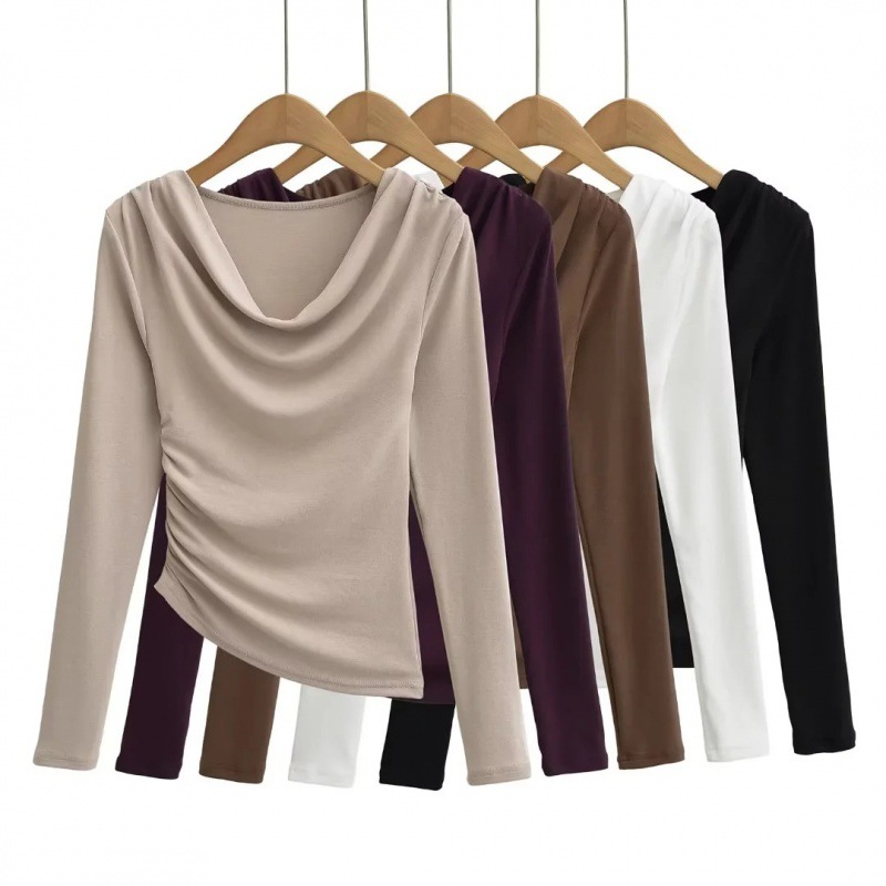 New irregular sexy pleated base shirt for women in autumn and winter clothes irregular T-shirt Internet celebrity pleated top