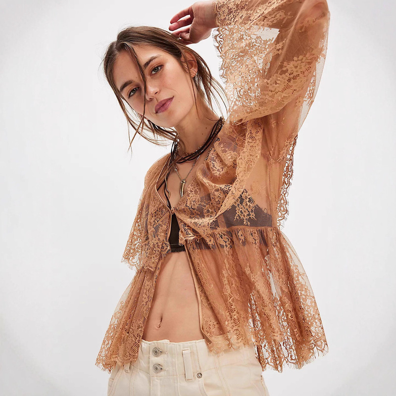 Cross-Border Amazon Lace Shirt European and American Clothing Sexy See-Through Lace Cardigan Loose Outer Blouse Jacket for Women