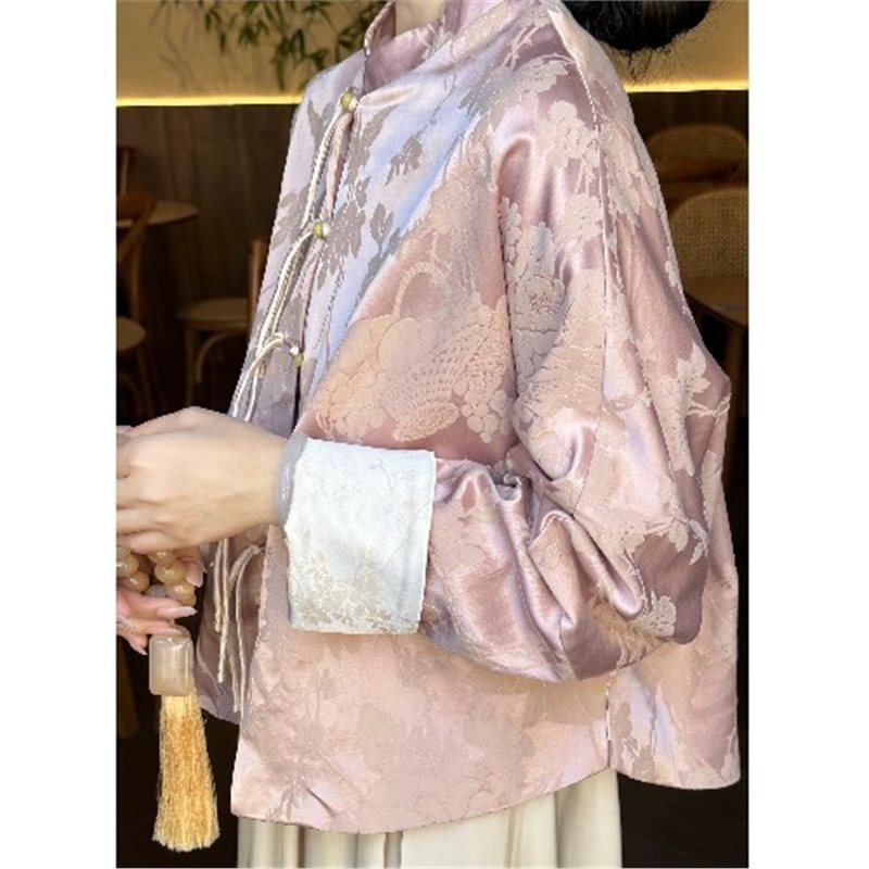 QC唐装女装中国风优雅盘扣上衣轻奢新中式禅意茶服粉色提花外套早|undefined