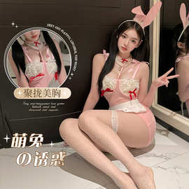 夜酥新款可爱奶系兔女郎钢圈聚拢性感透视套装情趣内衣套装制服女