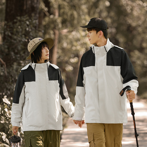 Mountain style jacket for men and women outdoor autumn and winter camping waterproof color matching trendy brand detachable three-in-one mountaineering two-piece set