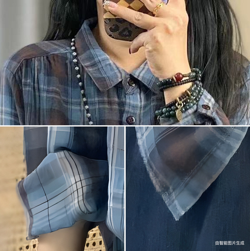 春秋新款翻领双层棉纱格子长袖衬衫女文艺休闲格子衬衣色织棉开衫|undefined