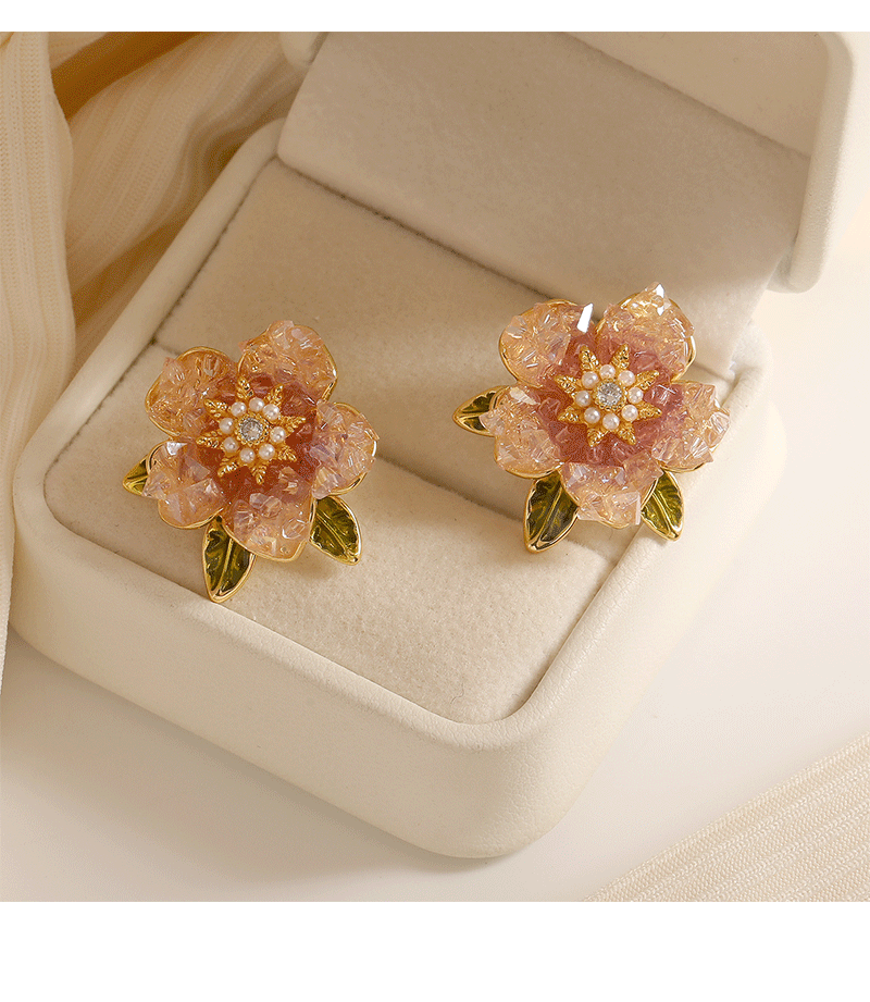1 Pair Sweet Flower Enamel Plating Inlay Copper Artificial Pearls Crystal 14k Gold Plated Ear Studs display picture 1
