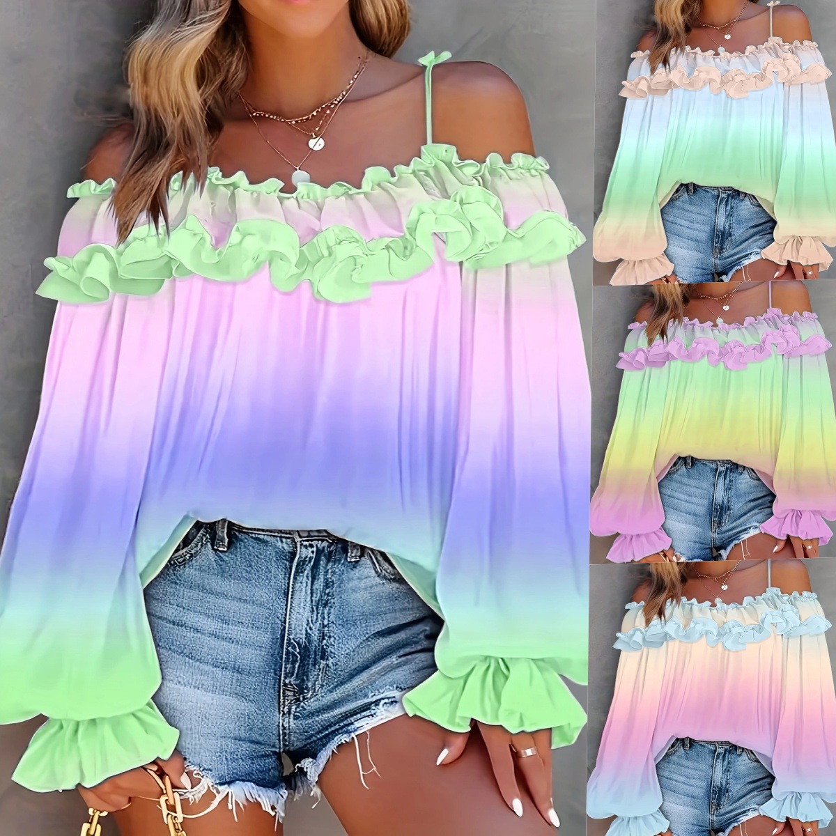 2025 Summer European and American Cross-Border Export New Sexy Off-Shoulder Contrasting Gradient Lace Lace Large Size Top