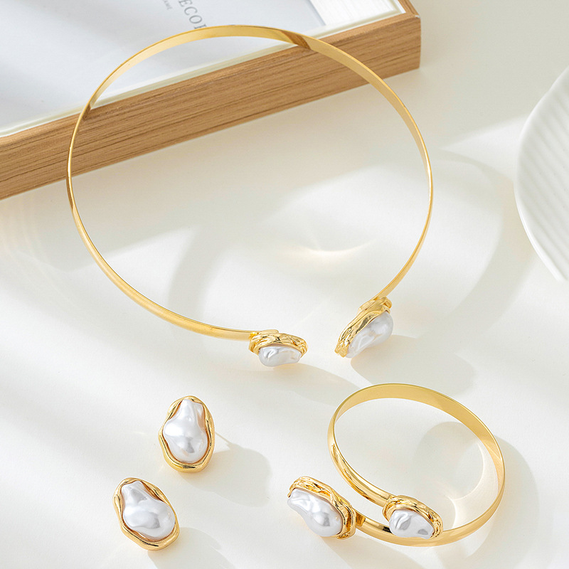 Euramerican Cross-border French Baroque Exotic Pearl Women's Jewelry Set Metal Style Necklace Earrings Ring