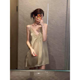 法式香槟色纯欲缎面冰丝蕾丝吊带睡裙女夏季款舒适亲肤家居服长裙