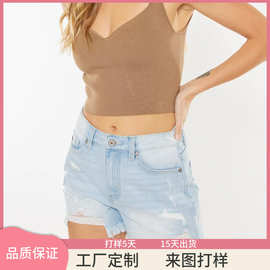 亚马逊新款高腰百搭显瘦阔腿a字短裤洗水割烂破洞弹力牛仔短裤女