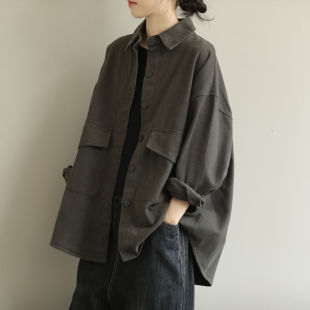 In stock 2021 retro artistic plus size loose long-sleeved coat new solid color lapel versatile casual top
