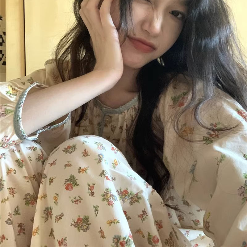 여성용 한국식 잠옷 여름 꽃 무늬 심플 홈웨어 긴팔 정장 여성의 달콤한 스타일은 봄과 가을 투피스 세트 외부에 착용 가능