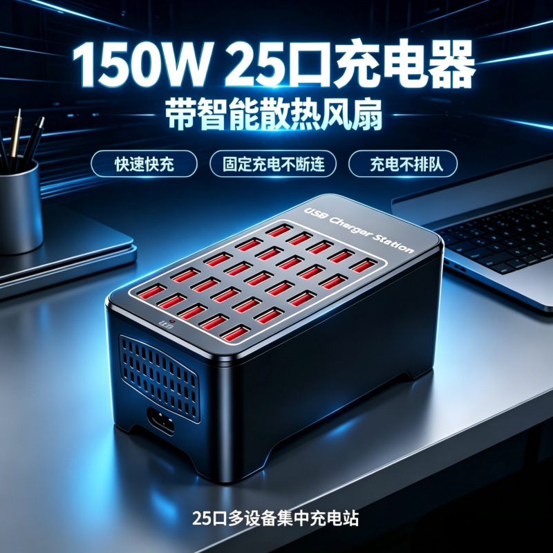 Cross-Border Exclusive Supply of 150W 25-Port USB Multi-Port Charger with Intelligent Fan Cooling and Multi-Device Desktop Charging Station Cross-Border Exclusive Supply of 150W 25-Port USB Multi-Port Charger with Intelligent Fan Cooling and Multi-Device Desktop Charging Station