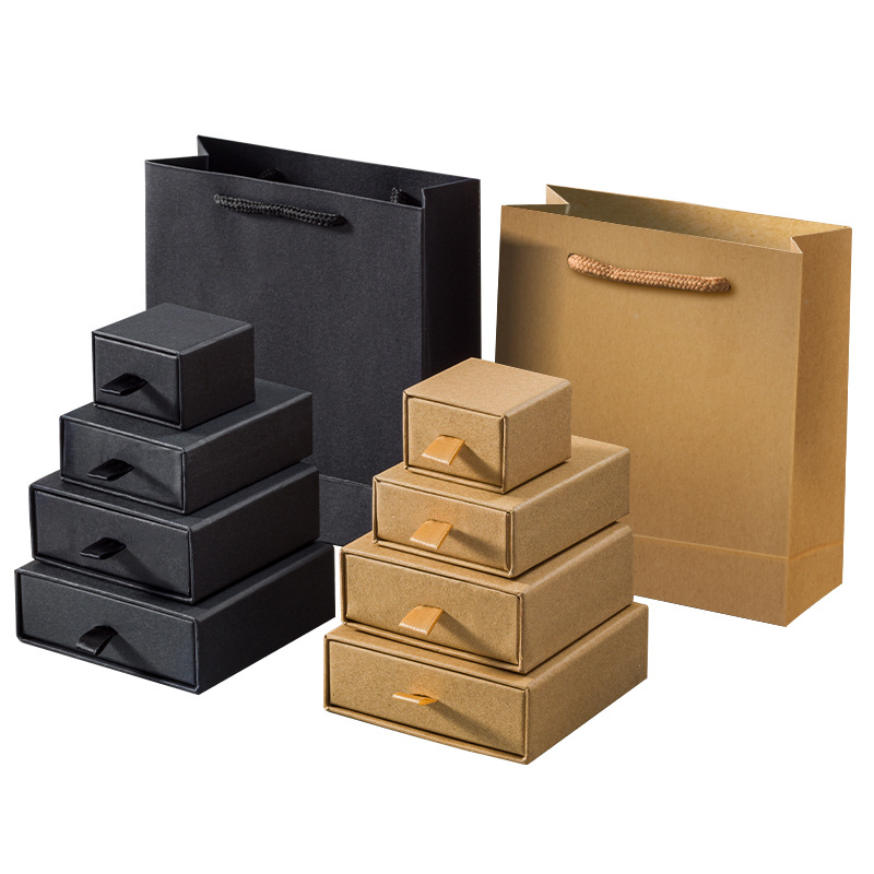 Caja de joyería de papel Kraft directo de fábrica caja de joyería de cajón caja de joyería de anillo negro collar de oreja
