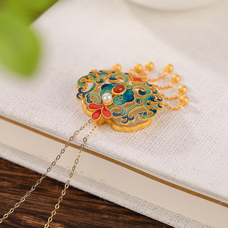 Mặt dây chuyền bạc S925 mạ vàng hình hươu bạc, ngọc bích Hòa Điền, tua rua, mây Ruyi may mắn — Phiên bản mạ bạch kim (không có chuỗi)