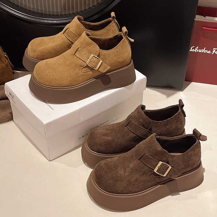 5CM真皮平厚底加绒保暖勃肯鞋女冬增高一脚蹬轻松糕底棕色乐福鞋